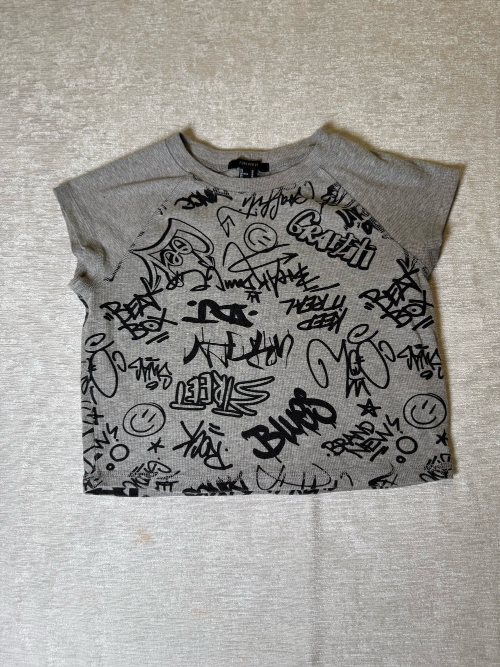 Forever 21 Gray Graphic Cropped Tee with Black Graffiti Print